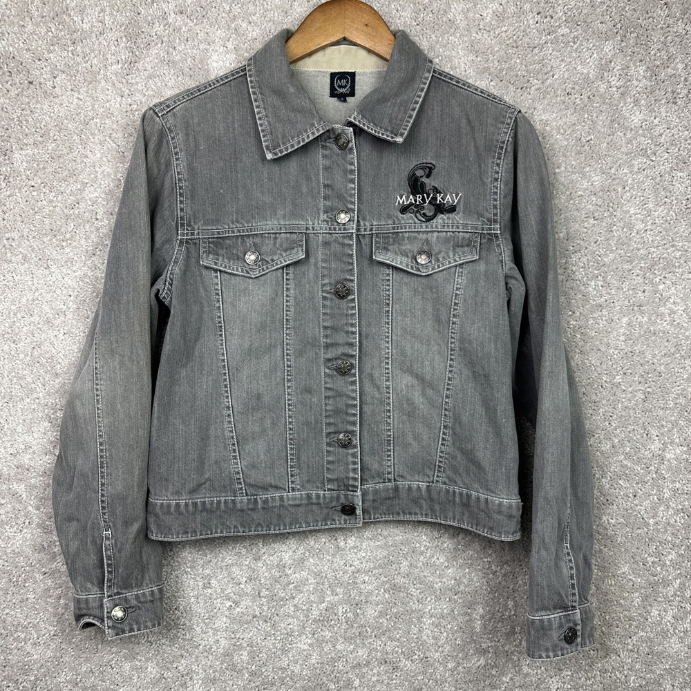 Mary Kay Jean Jacket Womens Small Authentic Denim Coat Gray Wash Embroidered